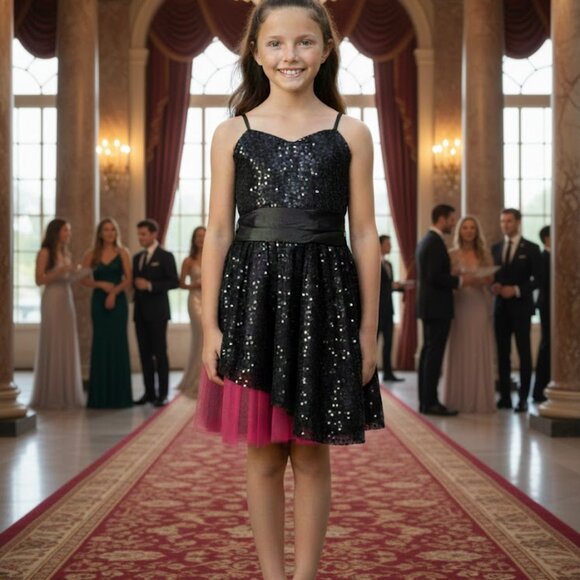 Girls Pink And Black Sequin And Tulle Special Event Party Dress Size 8 - Picture 1 of 9